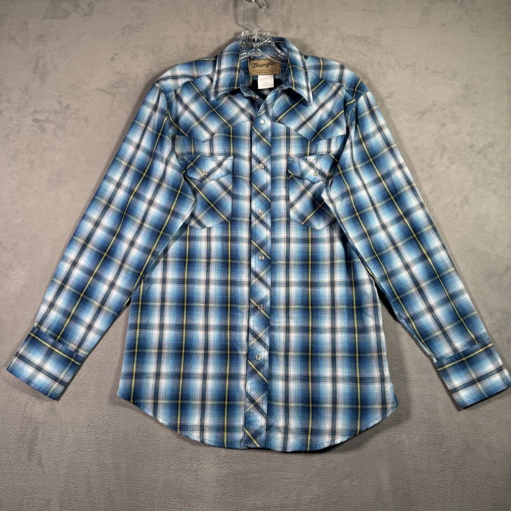 Wrangler Shirt Mens Size M Blue Plaid Pearl Snap Long Sleeve Western Rodeo Ranch